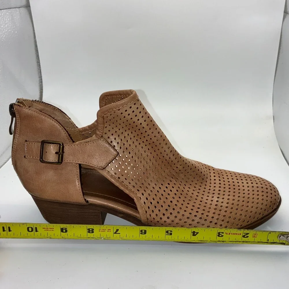 Tan Perforated Leather‎ Cut Out Ankle Booties with Buckle and Back Zip Size 8.5